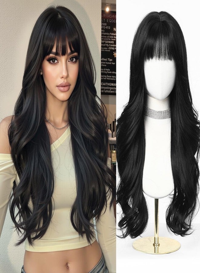 اسمي شعر مستعار أسود طويل مموج من إسمي للنساء مع غرة، شعر صناعي طبيعي للاستخدام اليومي والحفلات - Image 1